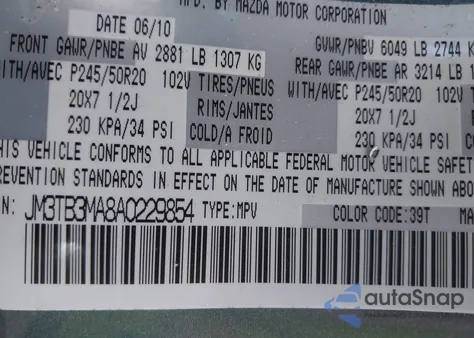 2010 Mazda Cx-9 Grand Touring из США, поврежденный, VIN JM3TB3MA8A0229854